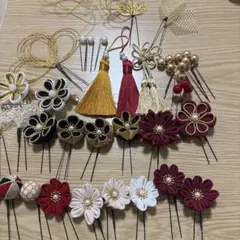 成人式　つまみ細工　和装髪飾りセット　赤白黒金