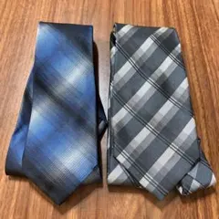 【2枚セット】青と黒のグラデーションとチェック柄ネクタイセット