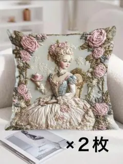 バラと女性の刺繍クッションカバー 45cm ２枚セット