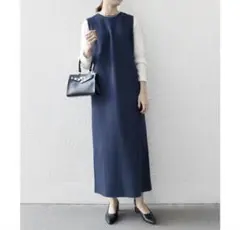 SHIPS any ダブルジャージー ストレート マキシ ワンピース ネイビー