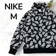 【人気柄】NIKE 総柄パーカー プルオーバー 刺繍ロゴ 希少 ブラック M