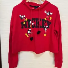 【Disney公式】ミッキーマウス クロップド パーカー S 赤ポムポム紐Y2K