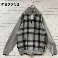 新品タグ付き セーター ハーフジップ チェック柄 犬 アニマル 動物 L