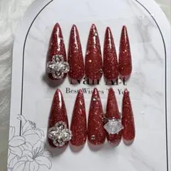 韓国　ギャル　ネイルチップ　ネイル　ロング　スナ系　量産型　y2k ワンホン　赤