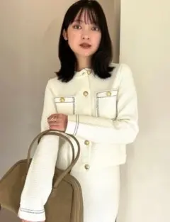 anuans ノーカラーニットジャケット ホワイト S