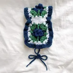 手編み フリル付き薔薇ヘッドドレス ボンネット バブーシュカ ネイビーブルー