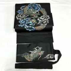 b298 正絹　作り帯　付け帯　二部式　手描き　龍　筋斗雲　黒地　美品　着物