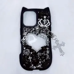 iPhone17ケース デコ電 デコケース 黒 猫耳 地雷系 ゴスロリ パンク