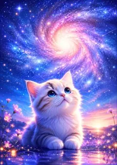 星空と猫のファンタジーイラスト アートプレゼポスターa4紙沢光