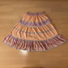 オレンジ 色インド綿フレアスカート 紫色の花柄入り