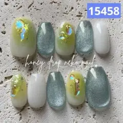 No.030 ちゅるんネイル。 緑 黄 ストーン キラキラ