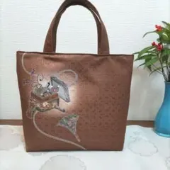着物　帯リメイクバック　　　　金彩　玉手箱　茶系