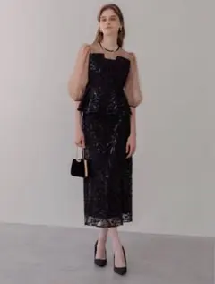 シアーパフスリーブペプラムスパンコール花柄セットアップドレス結婚式パーティー