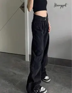 ハイウエストワイドレッグデニムパンツ ブラック