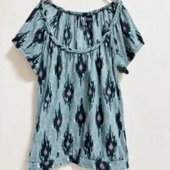 エスニック柄カットソー ブルー 三つ編みネック 体型カバー【XL】