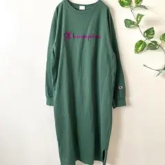 【チャンピオン】長袖ロングワンピース ロゴ刺繍 グリーン M コットン100％のサムネイル