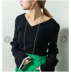 mystic 袖パフVネックリブニットプルオーバー