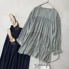 夏ミントブルーおしゃれアーバンリサーチティアードギャザーチュニックブラウス洗える