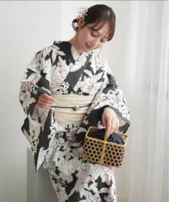 モノトーン 花柄 浴衣 帯セット - メルカリ