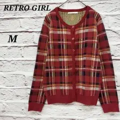 レトロガール 【M】 チェック柄 長袖ニットカーディガン クルーネック レッド
