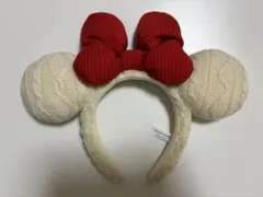 ミッキー耳 ニットカチューシャ アイボリー 赤