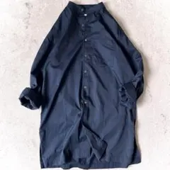 エスケーマノアヒル USA製 美品 光沢感 コットン バンドカラー シャツ 青