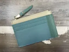 ミニポーチ 薄い 本革　カード入れ　小銭入れ　キーリング付き　ピーコックグリーン