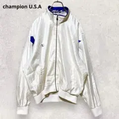 チャンピオン ナイロンジャケット O 白 青 ロゴ 刺繍 スタンドカラー