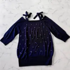 IMAGE パール リボン オフショルダー ニット 七分袖 M ネイビー
