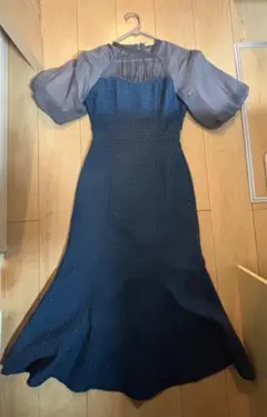 レジャ♡レイヤード風異素材シアー切り替えワッフル生地美脚効果ドレス ブルー S