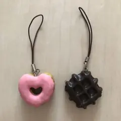 ハート型ドーナッツ、チョコがけワッフル ストラップ キーホルダー