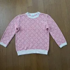 ピンクとクリームの七分袖ニットセーター S