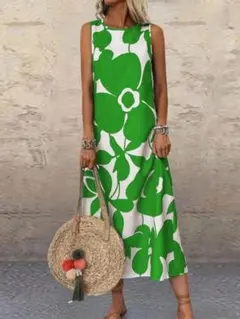 新品⭐大きいサイズ⭐Ｌ⭐ワンピース⭐マキシ⭐ノースリーブ⭐花柄⭐グリーン系