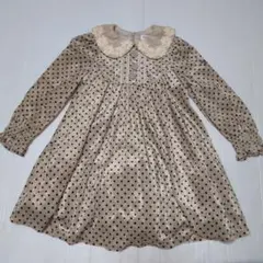 120★メゾピアノ★バックリボン付き！お花ボタン！ドット柄ワンピース★