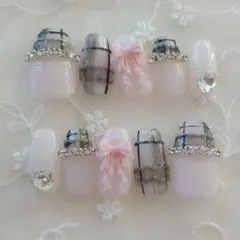 現品❤ブラックチェック 量産型 ワンホン 韓国 バレリーナ ネイルチップ