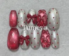 ネイルチップ　大人　ガーリー　赤　マグネット　レッド　キルティング　フレンチ