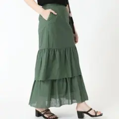 シンプリシテェ　コットンリネンティアードフリルスカート　グリーン　麻綿　ロング