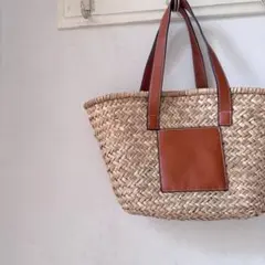 未使用品　革パッチ かごバッグ トートバッグ 内布付き ストロー 天然素材 カゴ