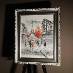 Paris油彩画 パリの街並み エッフェル塔 風景画 絵画+8号額縁セット