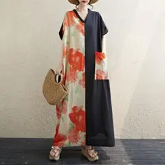 プリントワンピース レトロ 半袖 着痩せ 配色 マキシ丈 ポケット付き V字襟