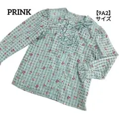 A2650 【美品】 PRINK ブラウス 日本製 花柄 チェック 緑 9A2