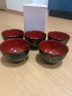 会津塗　汁椀 5個セット 黒地 赤内側