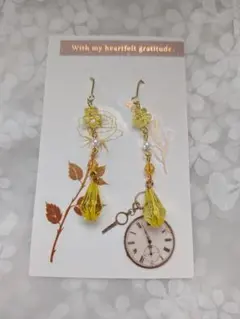 【陽華】上品なフラワー×パール ロングピアス♡ イエロー ハンドメイド