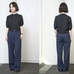 【UNIQLO】タックワイドパンツ/ストライプ　M ネイビー