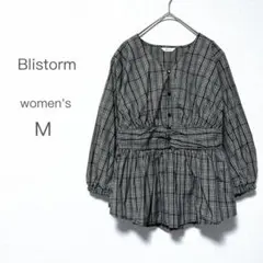 【ブリストーム】チェック柄 ウエストマーク ブラウス (M) ボリューム袖 綿混のサムネイル