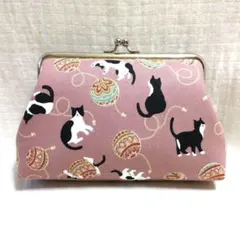 がま口ポーチ　メイクポーチ　ハンドメイド　手鞠とねこ　ピンク系　和柄　小物入れ