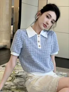 SHEIN dazy コントラストカラー パフスリーブポロシャツ半袖 Tシャツ