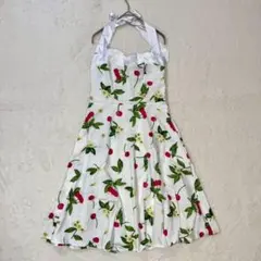 ドレスワンピース/チェリー柄 レトロ感 Aライン バックリボン フレア 花柄