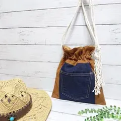 ハンドメイド デニム リメイク ヒッコリー 巾着 ショルダー ハンド バッグ