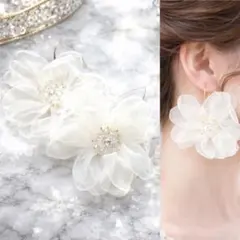 ブライダル　アイボリーオーガンジークリスタルビーズ　ピアス　イヤリング